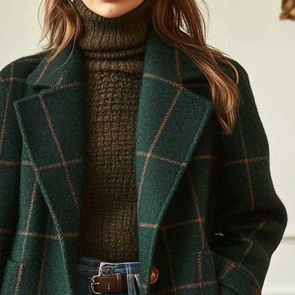Vintage Plaid Longline Flip Collar Coat for Women
