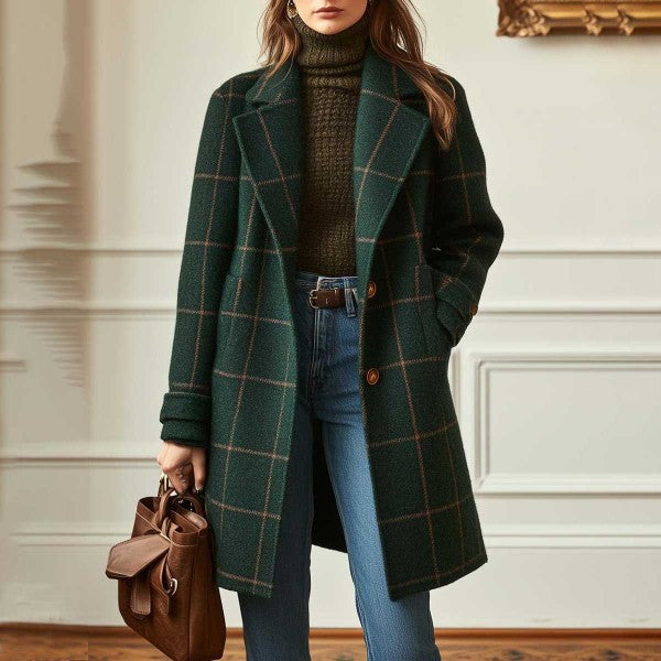 Vintage Plaid Longline Flip Collar Coat for Women