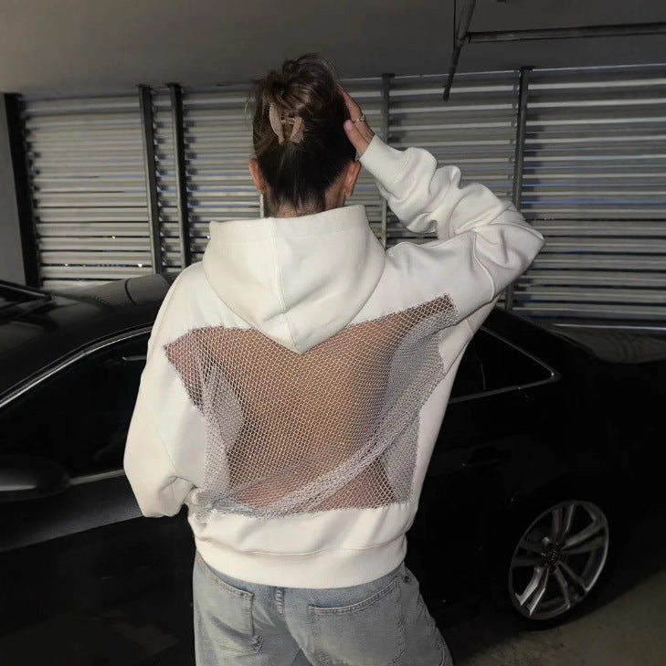 Solid Color Backless Hollow Mesh Hoodie Sweatshirt for Women