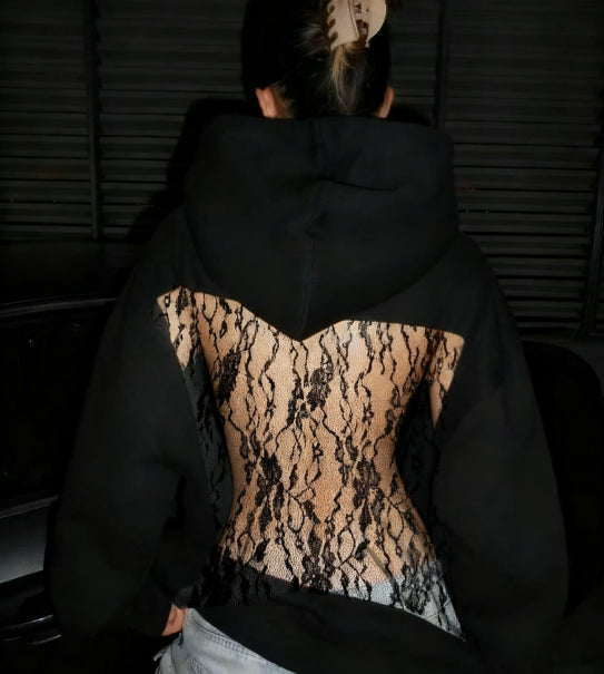 Solid Color Backless Hollow Mesh Hoodie Sweatshirt for Women