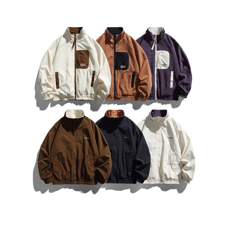 College Style Two-Way Casual Stand Collar Jacket Unisex Outerwear