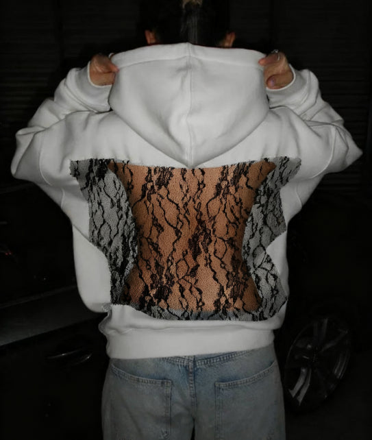 Solid Color Backless Hollow Mesh Hoodie Sweatshirt for Women