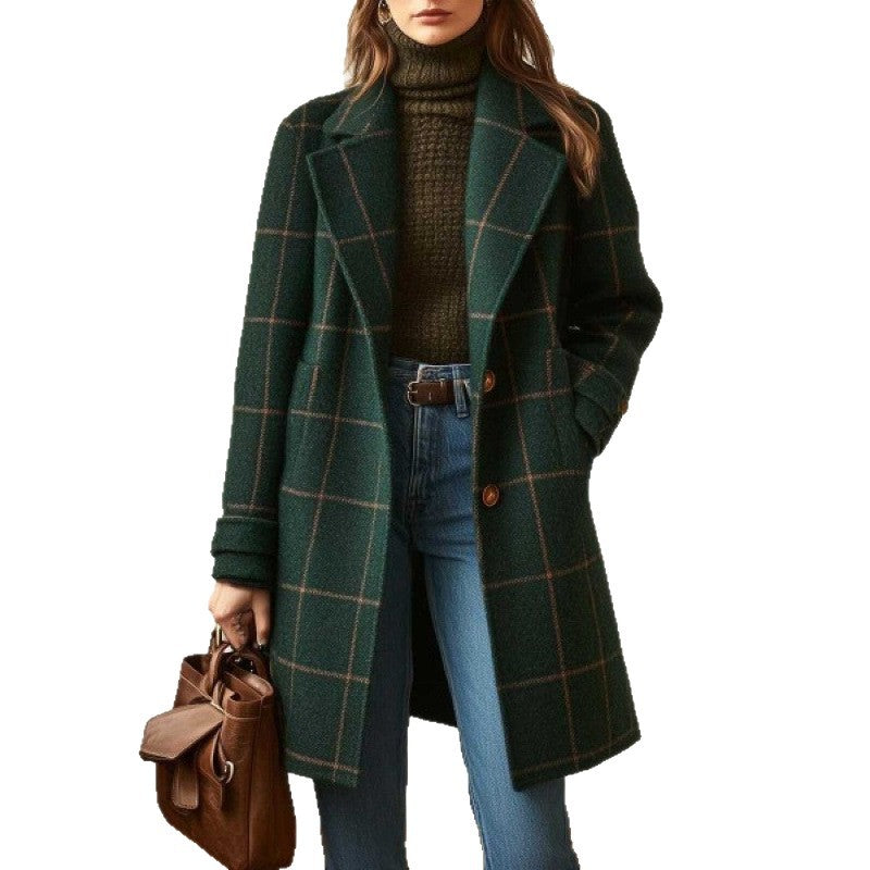 Vintage Plaid Longline Flip Collar Coat for Women