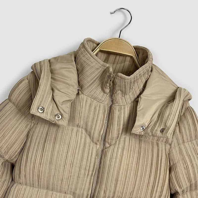 Women’s One‑Size Pleated Hooded Jacket with Stand Collar & Zipper Closure