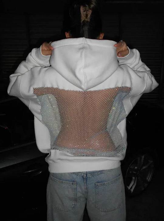 Solid Color Backless Hollow Mesh Hoodie Sweatshirt for Women