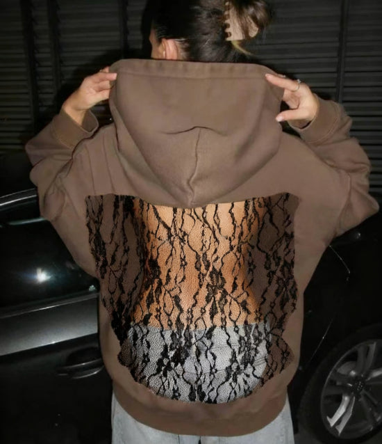 Solid Color Backless Hollow Mesh Hoodie Sweatshirt for Women