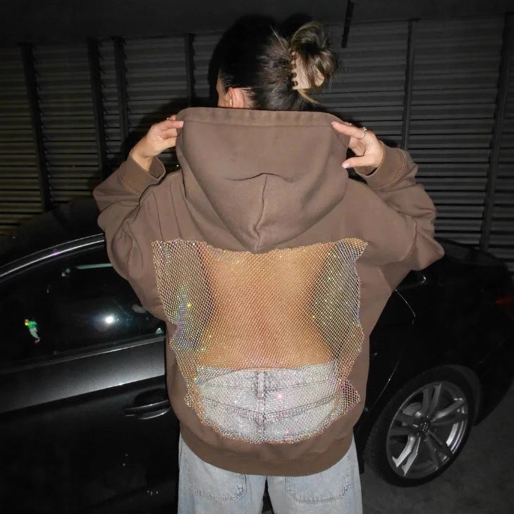Solid Color Backless Hollow Mesh Hoodie Sweatshirt for Women