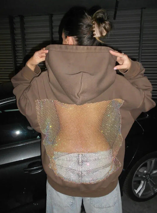 Solid Color Backless Hollow Mesh Hoodie Sweatshirt for Women