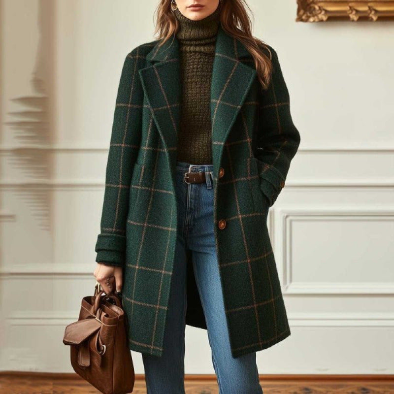 Vintage Plaid Longline Flip Collar Coat for Women