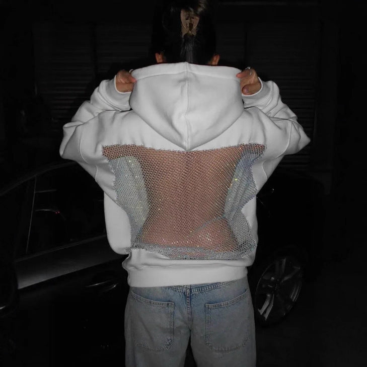 Solid Color Backless Hollow Mesh Hoodie Sweatshirt for Women